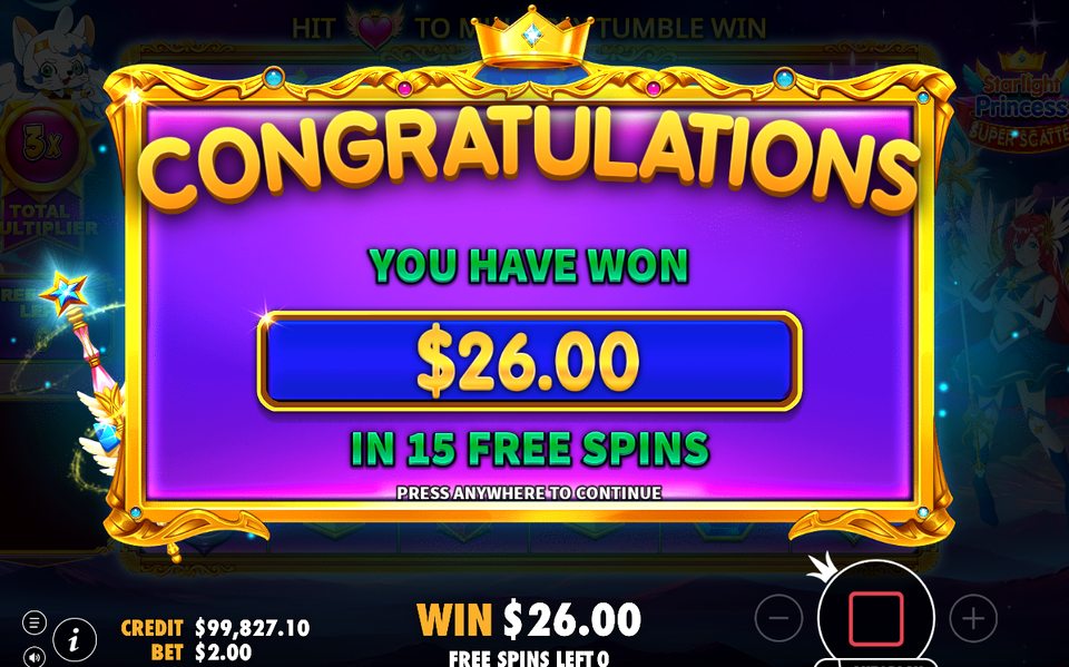 Win screen with tumble total after a Multiplier Heart